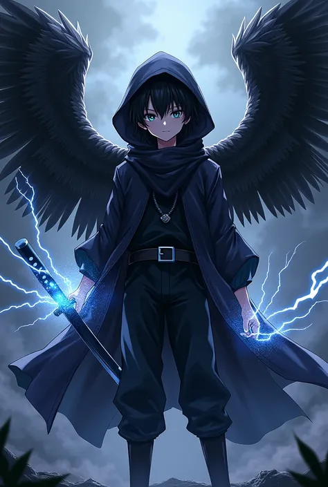 A anime boy with black wings and lightning limbs and black eye and hoodie with katana