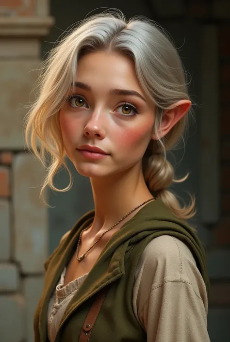 To describe the image of a 50 year old halfling woman with these characteristics:

She is short in stature and has a youthful appearance., despite his advanced age for a halfling. Her dark blonde hair is slightly wavy and falls to her shoulders., with a fe...