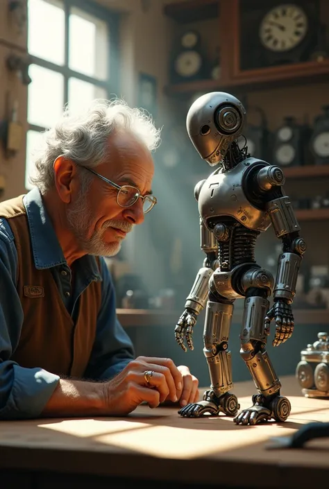 An old watchmaker watching the robot he built walk 