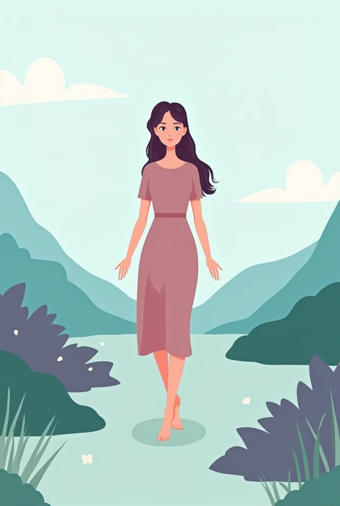 flat cartoon style , , focusing on soft blues, gentle greens, and light purples simple background, A waman walking in meditation conveys a sense of:
- Inner peace
- Calmness
- Focus
- Mindfulness
- Serenity
-nature friendly
- good dress
