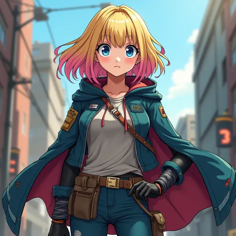 A superhero in the style of the anime My Hero Academia. She has shoulder-length blonde hair with pink tips and blue eyes.. Her superhero outfit is based on an urban vigilante, in a hoodie, a worn cape and the clothing is all weathered from battle use.