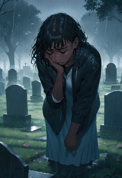 an 1 black woman crying in a cemetery on a rainy day 