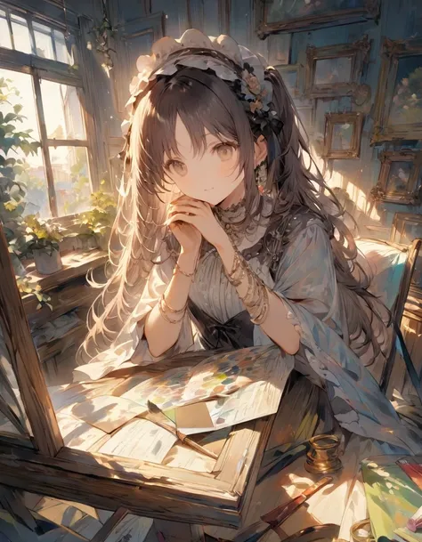 ((Highest quality)), ((masterpiece)), (detailed), 8k、Creative activities in the atelier: 「A scene of a woman painting in her home studio。The cat lies at her feet、Sometimes he tries to touch her paints.。Bright sunlight pours in through the window、Finished w...