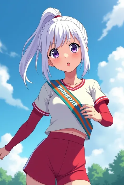 HD、Animation style、white hair 、Purple Eyes、girl、plump breasts 、High school student 、single ponytail、Baseball player、Light color short sleeve top、Long sleeve red underwear、Good shape、Thin、sash、Sky、cloud、sunny、Cycling