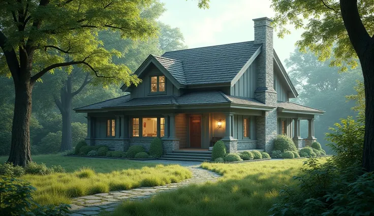 "Create an ULTRA REALISTIC image of a house being surrounded by an invisible protective barrier, as if external forces were prevented from entering, representing the safety and balance of the environment."