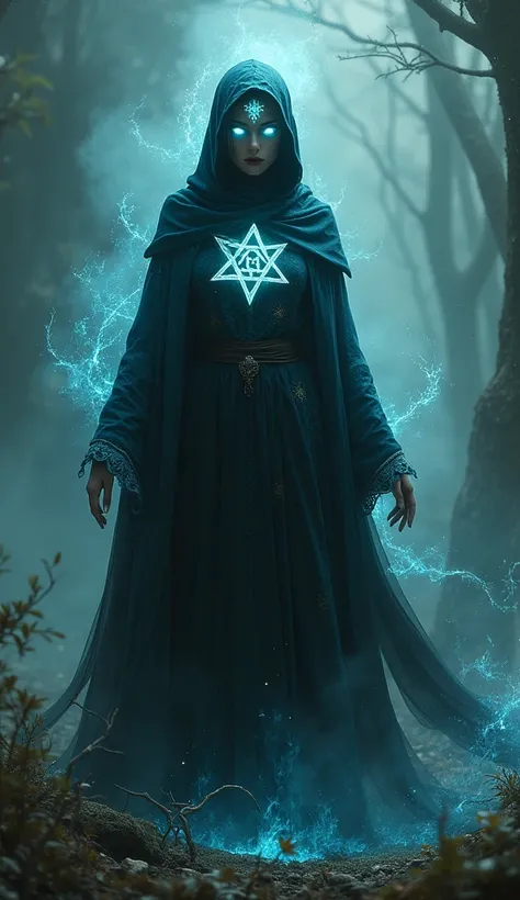 A pentagram witch wearing a magical cloak. A pentagram is a witch who can control all five elements such as air, water, fire, earth/nature and darkness.  