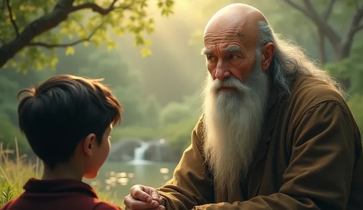 Heo Ok, with his bald head shining in the sun and his long, gray beard falling over his chest, calmly talks to a young student. The scar over his left eye stands out as he, with deep and wise eyes, shares teachings on the balance between nature and man.