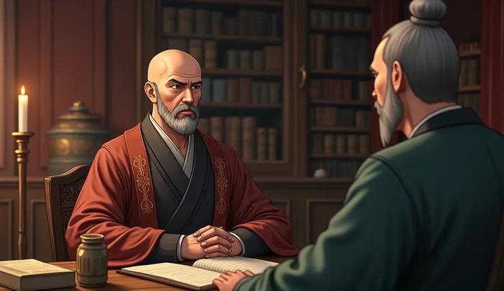 Next to an influential nobleman, Heo Ok, with his bald head and carefully groomed gray beard, discusses the preservation of history and culture. The scar on his left eye gives him a mysterious presence, while his watchful eyes reflect his passion for knowl...