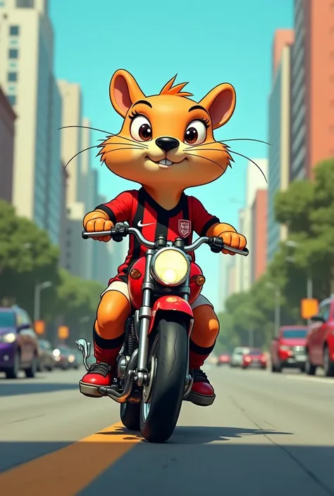 Prairie dog with Hanna Barbera drawing features wearing the Flamengo team uniform riding a Honda Twister 250cc on Paulista Avenue