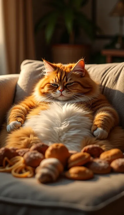 a plump cat sprawled out on a sofa, its belly resting on a pile of snacks and treats, looking extremely satisfied, detailed fur, feline anatomy, photorealistic, 8k, highres, cinematic lighting, warm color tones, cozy interior, soft focus, depth of field