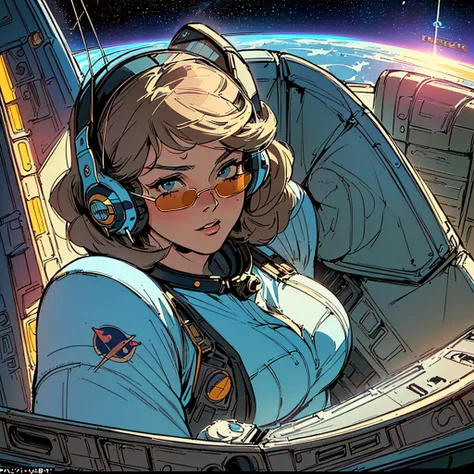 (((masterpiece, highest quality))),(((solo:1.2))),(((1girl:1.2))),(((60s,70s,80s))),(((((detailed perfect cutie face))))),(((((detailed spacethriller movie poster))))),(((dynamic angle))),(((Highly detailed futuristic cockpit))),((((American comic)))),(((c...