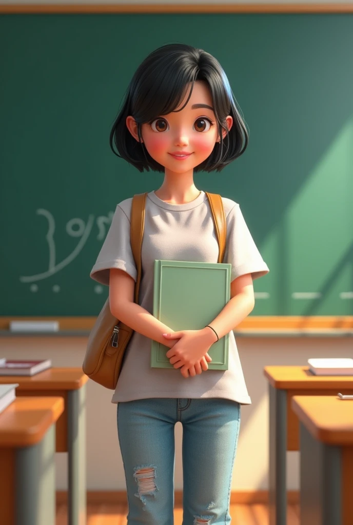 The background is a full-body 3D artwork of a lovely elementary school girl standing in front of the blackboard in the classroom., wearing fashionable casual clothes, holding a book in hand, with a warm smile on his face, big eyes and short black hair, bri...