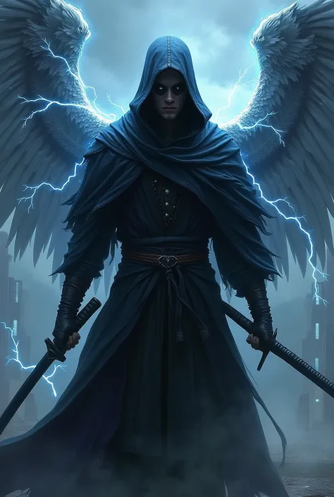 Male with shadow wings and lightning power with hoodie and katana