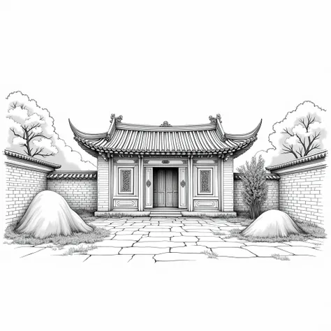 Generate a high-resolution black and white line drawing of an ancient Chinese temple building，The building&#39;s perspective is tilted towards，The building is one storey high，Simple and exquisite，There are beautiful traditional oriental patterns on the doo...