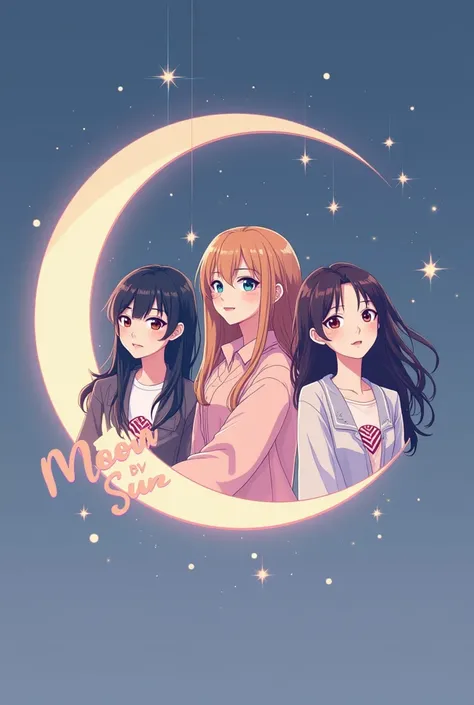 Make a logo for a kpop group called Moon by Sun, the group is made up of 4 girls: Bunnie, has medium hair, straight and dark blonde. Bel: She has long hair, medium brown and wavy. Niki: Has medium hair, Black and curly (3A). Big: Have straight hair, long a...