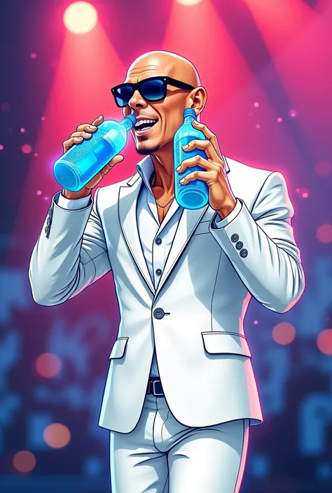 Pitbull singer in white suit drinking two bottles of water in cartoon style 