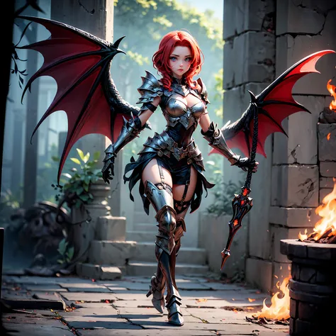 (((masterpiece, best quality, high detailed, 16k))) (1girl) A dangerously seductive woman with cascading red hair and smoldering amber eyes. She wears a revealing, flame-licked armor that clings to her every curve. Her dragon-like wings are fiery red, and ...