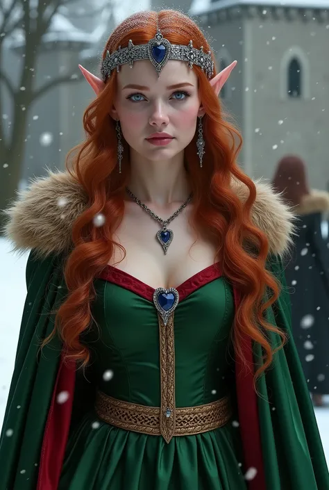 In this poignant scene, we see the Briar Elf queen Jessica, standing in front of Castle Briar as the snow falls, She is wearing a medium silver tiara with a heart shaped sapphire set in the center, her flowing red hair cascades down her back. She is wearin...