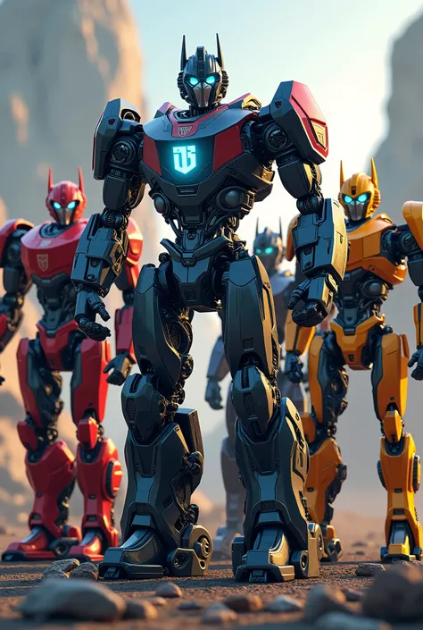 (photorealism:1.2), Generate 7 robots that look similar to transformers, have AutoCAD be red, Fusion 360 orange, Inventor yellow, Mudbox green, Maya light blue, Revit blue, Civil purple, have AutoCAD resemble mostly a transformer, Fusion resemble a militar...