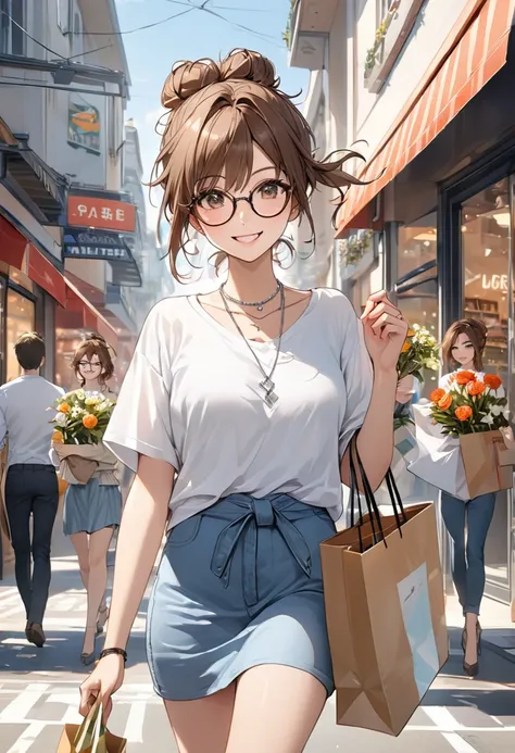 Advanced Details, high quality, masterpiece, 1 female, walking down the street, Holding a shopping bag in both hands, Happy expression, Brown Hair, Messy hair tied up in a bun, (Casual wear: 1.1), White T-shirt, Short skirt, High heels, Natural Makeup, (Si...