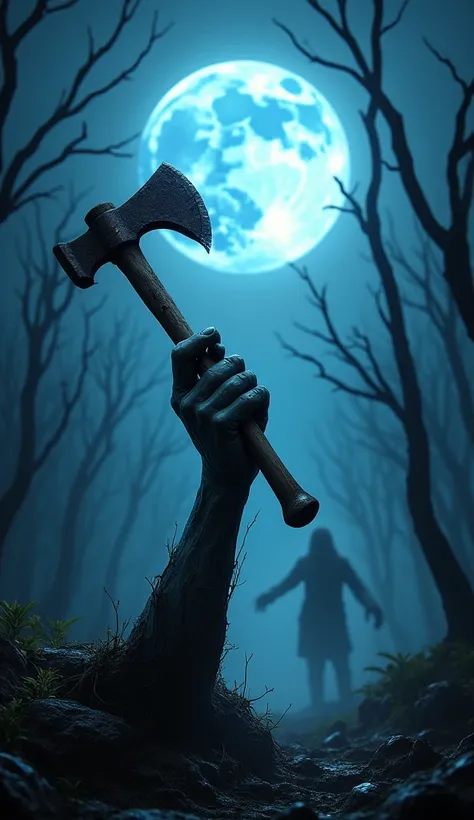 A Halloween-themed forest at night with dead, leafless trees and a zombie hand holding an axe sticking out of the ground., with a huge bright, dark blue moon in the center of the image. Ghosts in the background to give a more realistic Halloween atmosphere