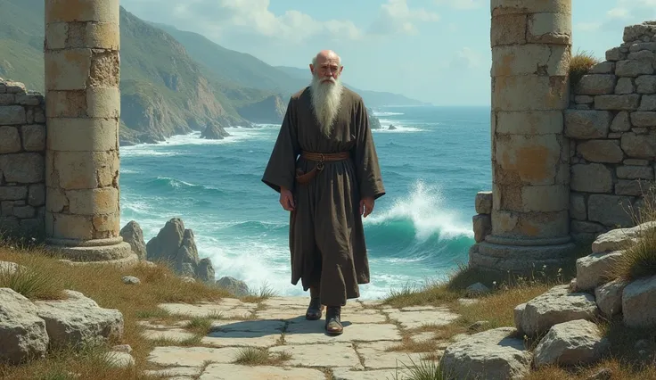 Heo Ok walks slowly through the ancient ruins, seen from coasts. Your figure, with a bald head and a gray beard falling down his back, contrasts with the historic and destroyed environment around it.

