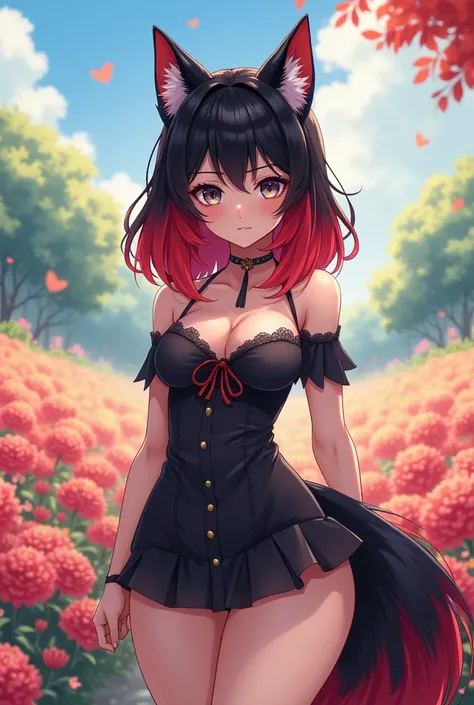 Cute anime girl with red and black ombred shoulder lengh hair. Wearing a pretty flowing dress. Grey eyes. Pale skin. Thick and curvy body figure. a stern expression, big butt, big breasts, big thighs and a thin waist. A beautiful flower fleid background.
W...