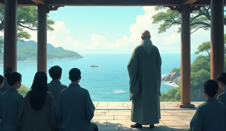 With his back to the devotees, Heo Ok looks out to sea from the coastal temple. His bald head and long gray beard create an imposing silhouette against the spiritual and natural backdrop..