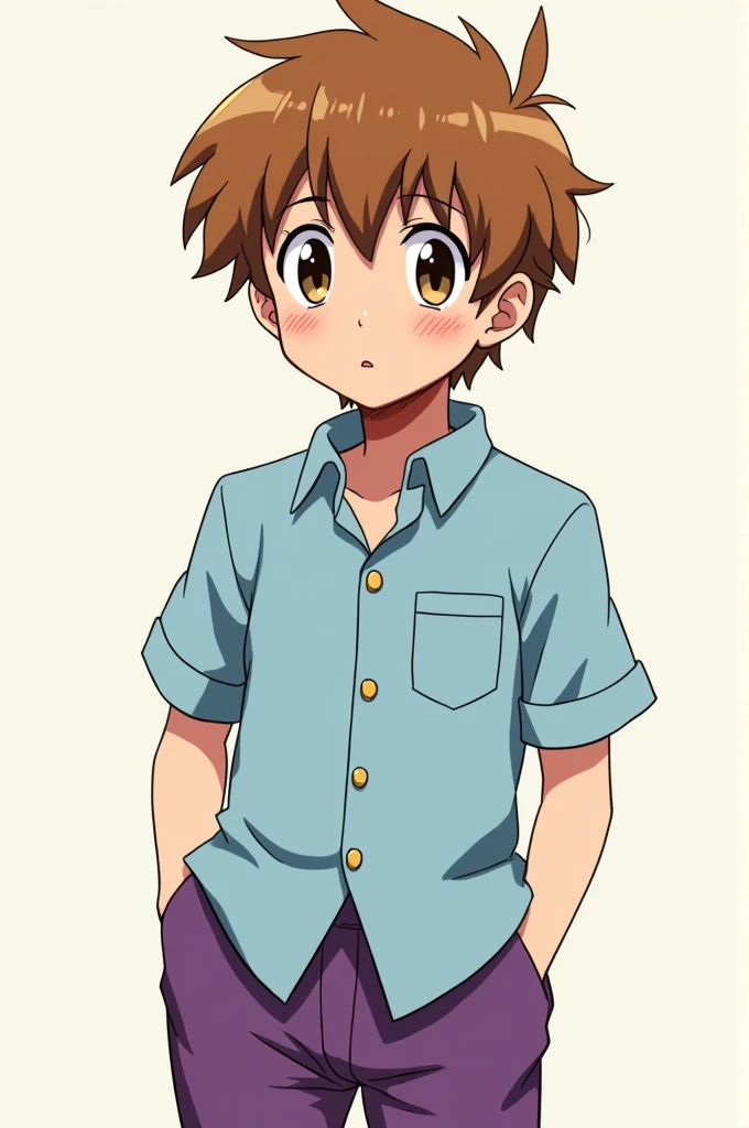 Classic anime style, make a boy with brown hair and the same beard, Let your outfit be a light blue shirt, and purple pants