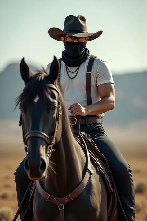 Can you generate my photo as a cowboy sitting on a black arabian horse with black mask on face and Arthur Morgan hat and above medium square glasses black danim with white tshirt and black pant 