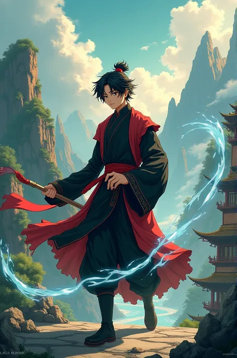 Make a Chinese Taoist Cultivator Manhwa,I want him with black hair, eyes black,wears a black outfit with red details, Hes a 20-year-old. I want it as an anime