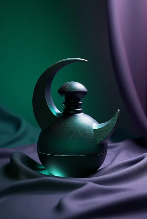 A perfume bottle in the shape of a moon symbolizing the night and serenity in green and purple