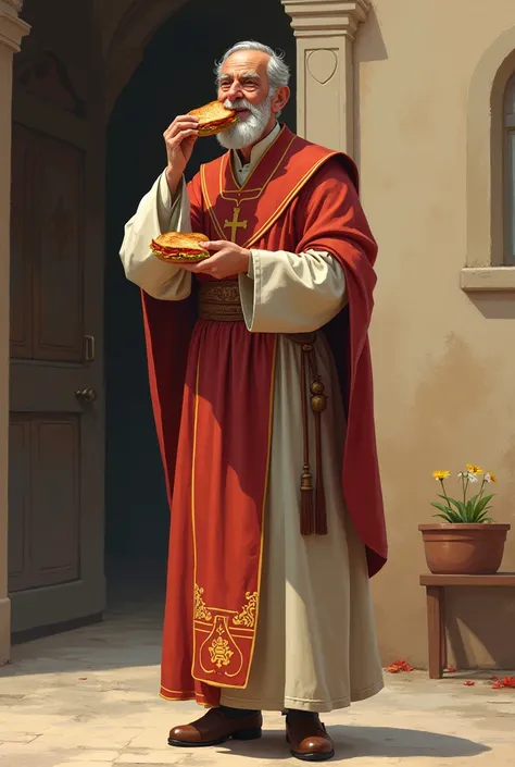 A full-body animated sacristan in his tunic about to eat a chorizo sandwich (complete bread with a chorizo)