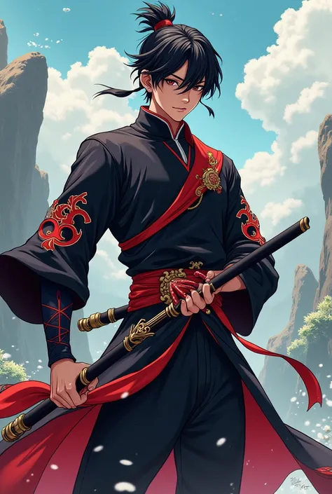 Make a Chinese swordsman from cultivator manhwa,I want him with black hair, eyes black,wears a black outfit with red details, Hes a 20-year-old. I want it as an anime