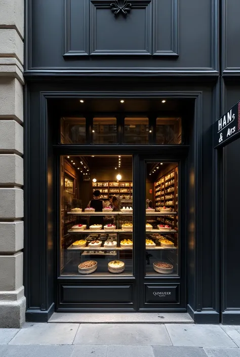 confectionery facade without sign, black wall and glasswork 
