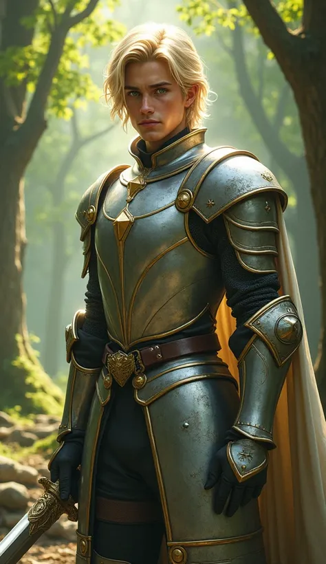 Create a heroic medieval fantasy character。Young、A young man with an aristocratic and determined expression.、She has voluminous, shoulder-length blonde hair and piercing green eyes.。He is wearing silver armor with gold trim.、In one hand he holds a shining ...