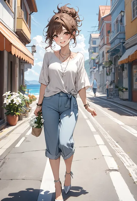 Advanced Details, high quality, masterpiece, 1 female, walking down the street, Happy expression, Brown Hair, Messy hair tied up in a bun, (Casual wear: 1.1), 比基尼, High heels, Natural Makeup, (Silver Necklace: 1.2), Holding flowers, The sea is in the backg...