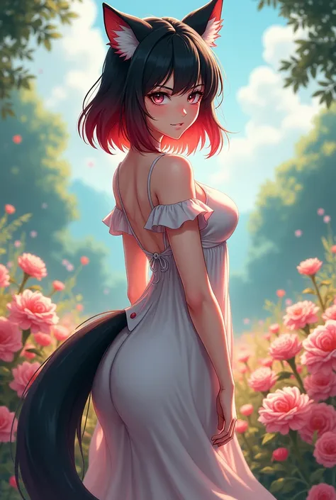 Cute anime girl with red and black ombred shoulder lengh hair. Wearing a pretty flowing dress. Grey eyes. Pale skin. Thick and curvy body figure. a stern expression, big butt, big breasts, big thighs and a thin waist. A beautiful flower fleid background.
W...