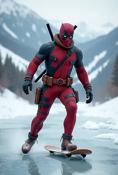 Deadpool do ice skating on a skating board on snow hills area, Deadpool wear woolen cloths