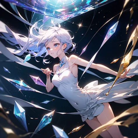 High resolution, One girl,Wearing a one-piece dress、Fantastic、Countless crystals、Crystals grow all around、shine。In the middle there is a large crystal floating in the air.。夜のstar空、star、nature、 beautiful、mysterious、Healing