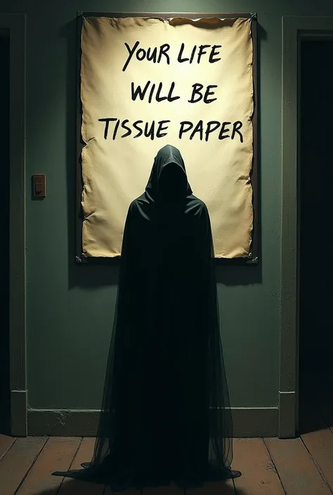 Written Poster of " Your life will be tissue paper" infornt mestirous man
