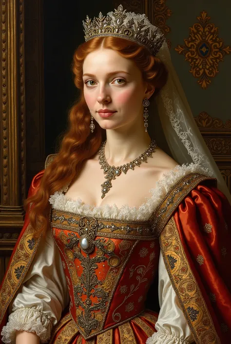 An oil painting of catherine of Aragon in a lavish wedding gown from The Spanish Princess