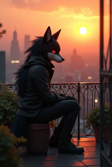 Shadow the hedgehog as a human  with a wolf tail and 2 wolf ears sitting in a balcony watching the sun go down