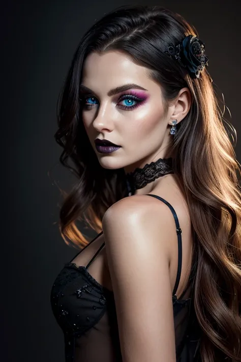 A stunning portrait of a young British woman exudes gothic elegance in this photorealistic magazine spread. Framed against a dark, matte background, she poses confidently, her long silver hair cascading down her back like a river of moonlight. The focal po...