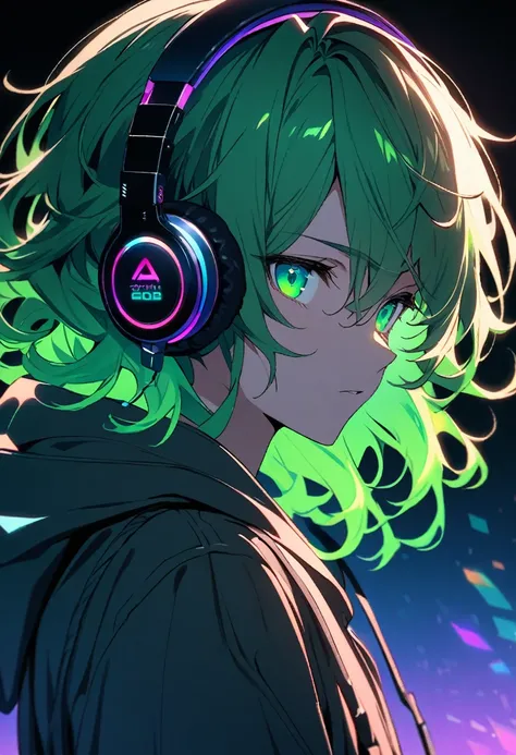 solo、Green Hair、Wavy hairstyle、semi-long、Cat Eyes、Green Eyes、cool、Very detailed,male、1 person, 20th Generation、alone, hoodie, headphone, RGB lighting 