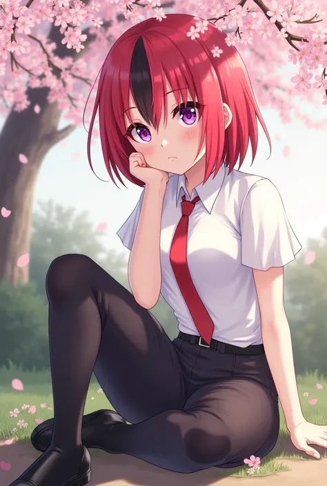 1 girl,short but tall,Cherry hair,Medium hair,eyes 1 purple,1 red,bangs a red strand and a black strand,top clothing,white blouse with a red tie,bottom black pants with black boots,Smiling and with a serious and calm look,posing with one hand on the cheek,...