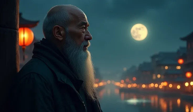 Profile, Heo Ok watches the city illuminated by the lights of the lanterns. His bald head gleams faintly under the moonlight, as his long, gray beard sways gently in the night wind. The scar on the left eye is visible in the silver light, accentuating his ...