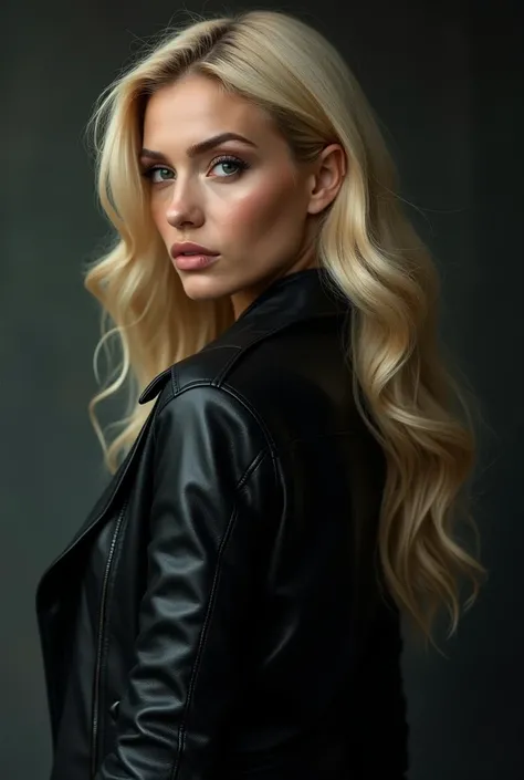 Blonde woman from the back, with black leather jacket looking to the side 