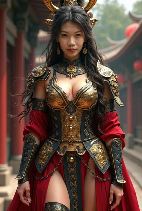 (Nsfw:1.6), ((Chinese girl)), in elaborate ((Chinese shiny gold, black and red plate armor covering only their shoulders, waist, forearms, and legs)), ((breast exposed)), (((pussy exposed))), ((cutout at the breasts and pussy area)), (corset type armour fo...