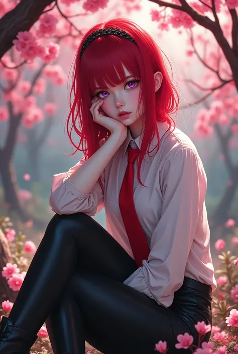 1 girl,short but tall,Cherry hair,hair a little long,eyes 1 purple,1 red,bangs a red strand and a black strand,top clothing,white blouse with a red tie,bottom black pants with black boots,Smiling and with a serious and calm look,posing with one hand on the...